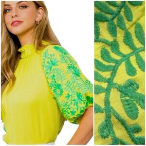 THML Embroidered, Puffed Sleeve Button Backed Blouse